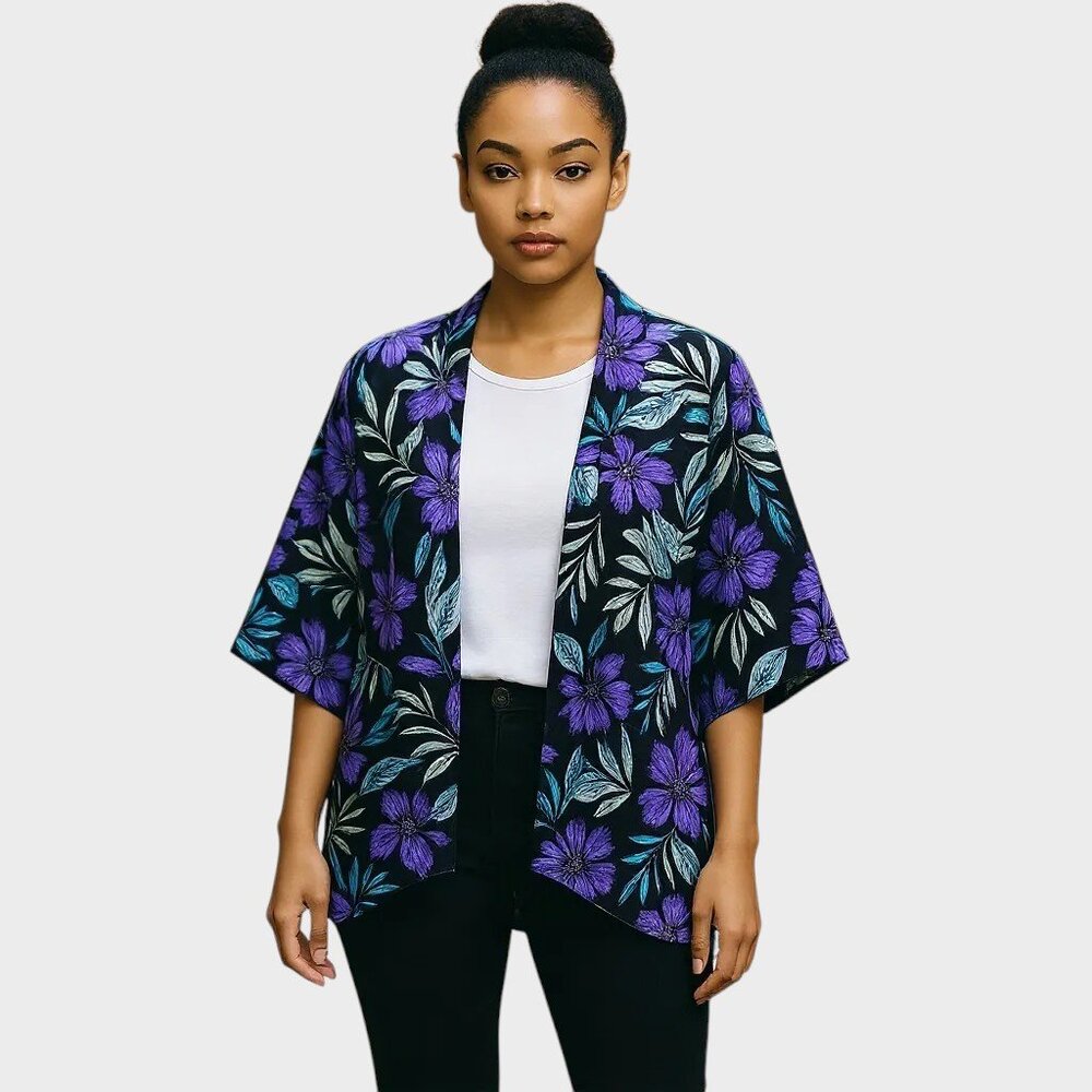 Colleen Lopez Women's S Purple Floral Open Front Kimono Lightweight Top NWT